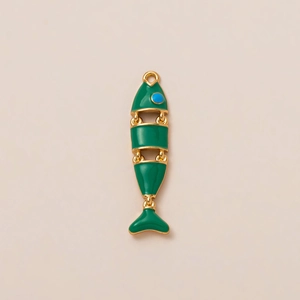 Articulated green enamel fish pendant with 18K gold plated details and blue eye