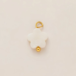 Detailed close-up of a five-petal pearl flower pendant with 18K gold-plated metal hook