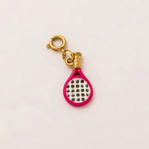 Detail of 18K gold plated tennis racket pendant with pink enamel and spring ring clasp