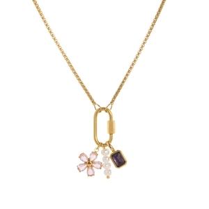 Collana dorata con ciondolo a fiore, gemma viola, perle e chiusura ovale