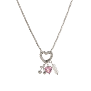 Collana d'argento con ciondolo a cuore, cristallo rosa e ciondoli di perle