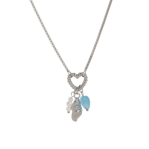 Collana argento con ciondoli di perle, conchiglia e gemma a cuore blu trasparente