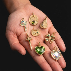 Set of eight 14K gold plated vintage pendants with zircon mushroom heart and cat charms