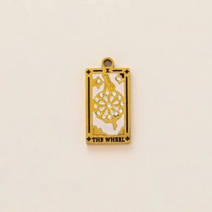 18K gold plated stainless steel Tarot Wheel of Fortune pendant with white enamel and crystals