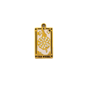 18k gold plated stainless steel Tarot Wheel of Fortune pendant with white enamel and rhinestones