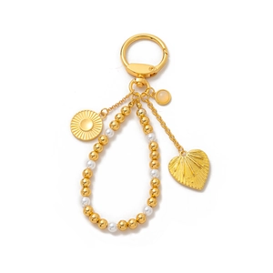 Porte-clés DIY plaqué or 18K avec perles et pendentifs de soleil et de cœur détaillés