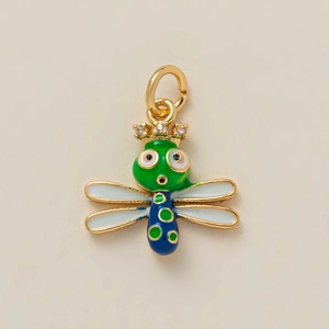 Golden dragonfly pendant with colorful enamel wings and a sparkling crystal crown