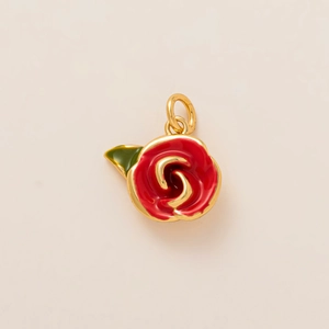 Pendentif rose rouge 3D avec feuille verte et détails dorés pour bijoux DIY