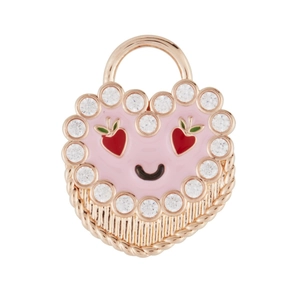 Dettaglio pendente cuore rosa con occhi a fragola, pavé di zirconi e placcatura oro 14K