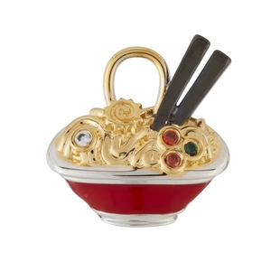 Ciondolo a forma di ciotola di ramen in oro 14K con smalto rosso e pietre di zircone