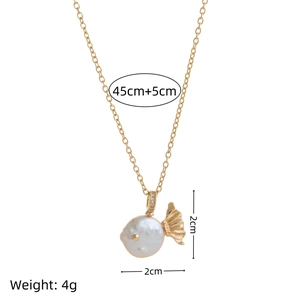 Golden clownfish pendant necklace with baroque pearl, 45cm chain, 4g weight