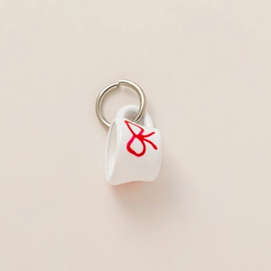 Mini ceramic cup charm with red bow pattern and silver ring for DIY jewelry