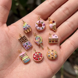 14K Gold Plated Copper Enamel Food Dessert Pendant Necklace For Women Colorful Rhinestone Cupcake Donut Ice Cream DIY Jewelry Gift