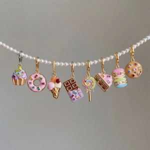 Set of 8 colorful dessert pendants with 14K gold plating and enamel finishes