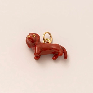 Polished brown enamel dachshund pendant with 18K gold plated details and bail
