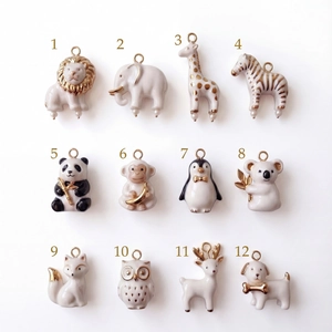Collection of 12 animal ceramic pendants with 14K gold-plated rings for DIY jewelry making