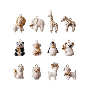 Set of 12 cartoon animal ceramic pendants with 14K gold plated accents for DIY jewelry