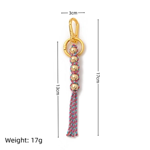 Porte-clés tissé fait main avec cordons colorés, perles dorées et fermoir mousqueton