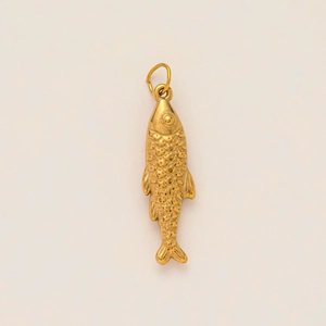 Detailed 18K gold-plated stainless steel fish shaped pendant with textured scales and fins