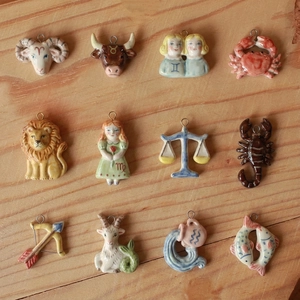 12-piece set of colorful ceramic zodiac pendants with 18K gold plated metal rings