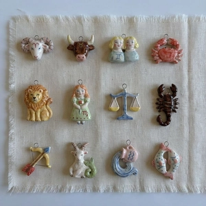 Set of 12 zodiac ceramic pendants with colorful zircon and gold plating details