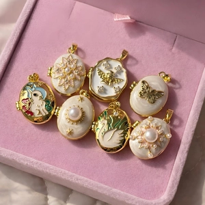 Vintage 18K Verguld Koper Openbaar Medaillon Hanger DIY Emaille Kunstparel Hart Schelp Ketting Bedeltje Vrouwen Cadeau