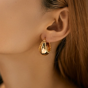 Chic 18K gold plated hollow teardrop hoop earrings with beaded edge detail for women