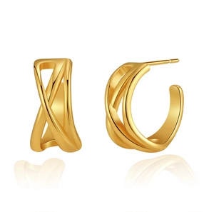 Elegante 18K vergoldete hohle C-förmige Kreuz-Ohrstecker mit glänzendem Hochglanzfinish