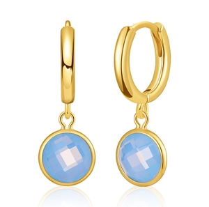 French vintage gold hoop earrings with light blue round faceted zircon drops