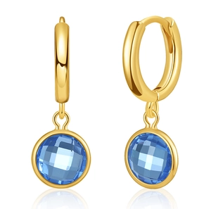 French vintage gold hoop earrings with round blue zircon pendants in a polished finish