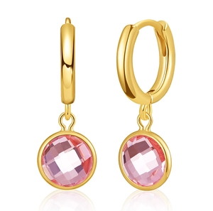 Detail of vintage French gold earrings featuring round faceted pink zircon pendants