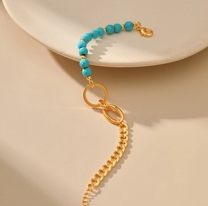 Facettiertes Türkis-Armband mit 18K vergoldeten Gliedern und hohlen Ringen für Damen