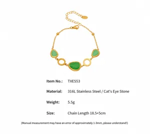Detail of 316L stainless steel bracelet with green opal stones and hollow rings