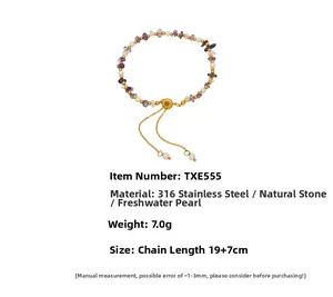 Detail of beaded bracelet with purple stones, freshwater pearls and 316L steel clasp