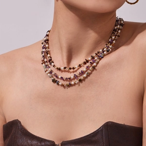 Three-layer necklace set with freshwater pearls, colorful natural stones and gold beads