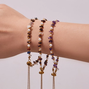 Natural freshwater pearl and colorful stone beaded necklaces set with adjustable gold chain