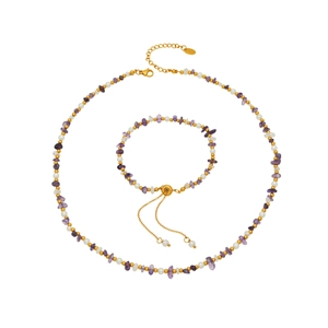 Natural freshwater pearl and purple stone beaded jewelry set with gold accents