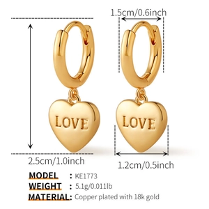 Close-up of 18k gold plated brass heart earrings with LOVE engraving and size details