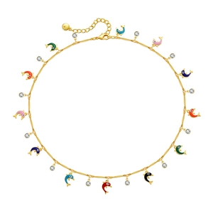 Böhmische 18K vergoldete Choker-Kette mit bunten Emaille-Delfinen und Kristallen