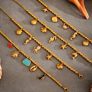 Pulsera de Amuletos de Cuentas de Acero Inoxidable para Mujer Tema Oceánico Estrella de Mar Concha Delfín Labios Bolso Tacones Altos Joyería de Cadena Ajustable