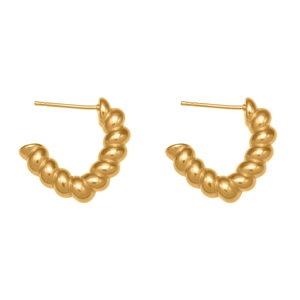 Classic golden twisted C-shaped hoop earrings with a textured finish on white background