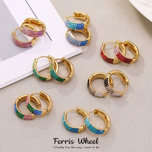 Ferris Wheel Stainless Steel Zirconia Hoop Earrings Geometric Multi-color Pavé Zircon Round Huggie Earrings Fashion Jewelry
