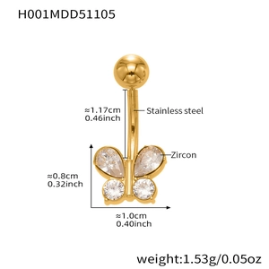 Detalles de dimensiones y peso de 1,53g de un piercing de ombligo de mariposa dorada