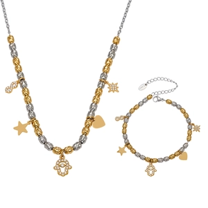 Parure en acier inoxydable avec breloques cœur étoile et main de Fatima sur chaîne à billes