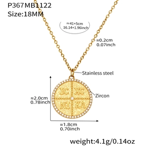 Detailed specs of gold round pendant necklace with IC XC NI KA engraving and zircon stones