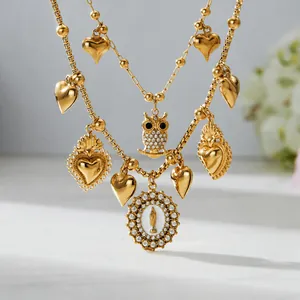 Vintage Stainless Steel Heart Owl Virgin Mary Pendant Necklace For Women Gold Plated Zirconia Tassel Chain Jewelry