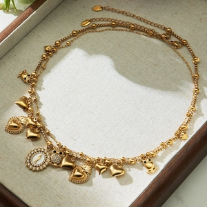 Gold plated stainless steel multi-layer necklace with owl and heart pendant charms
