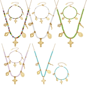 Religiöses Edelstahl Perlenketten und Armband Set mit Kreuz und Herz Anhängern