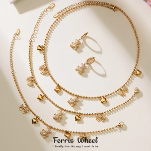 Stainless Steel Teddy Bear Heart Bow Necklace Bracelet Earrings Anklet For Women Zirconia Pave Sweet Jewelry Set For Daily Party