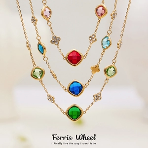 Stainless Steel Zirconia Flower Jewelry Set Colored Glass Cut Pendant Long Necklace Bracelet Earrings For Women Fashion Accessory